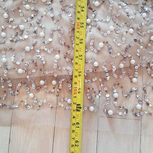 Mac Duggal ! Pearl Sequin Beaded Mesh Boat Neck Short Flutter Sleeve Shawl Gown - Picture 9 of 9